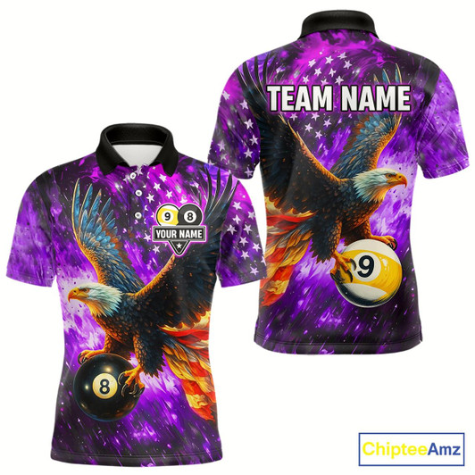 Goofygear Personalized Purple Flaming Us Flag 8 Ball & 9 Ball Eagle Billiard Shirt For Men, Pool Team Jersey