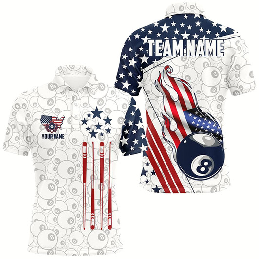 Goofygear Personalized American Flag Ball 8 Pattern Men Billiard Shirts, Patriotic Billiard Jerseys White