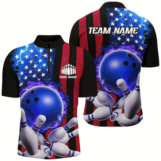 Goofygear American Flag Thunder Lightning Flame Bowling Ball Custom Men Bowling Team Shirts