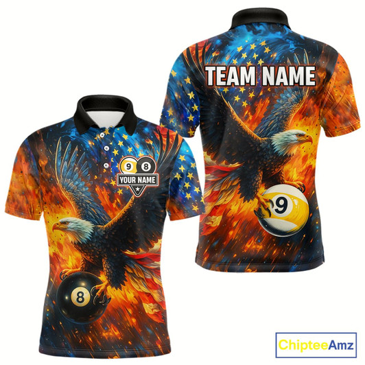 Goofygear Personalized Orange Flaming Us Flag 8 Ball & 9 Ball Eagle Billiard Shirt For Men, Pool Team Jersey
