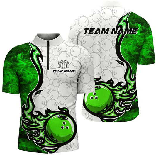 Goofygear Custom Green Flame Bowling Shirts For Men Bowling Ball Pattern Bowling Team Jerseys For Bowlers