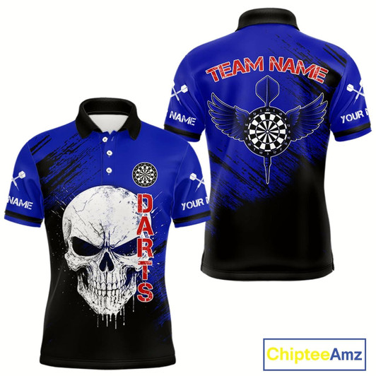 Goofygear Blue Black Wings Darts And Skull Men'S Darts Team Shirt - Custom Name For Players