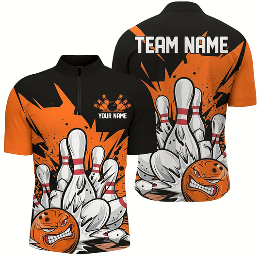Goofygear Black And Orange Custom Funny Bowling Shirts For Men, Angry Bowling Ball Bowling Team Uniform