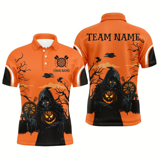 Goofygear Halloween Spook Night Death Skeleton Custom Darts Shirts For Men, Orange Scary Dart Jerseys