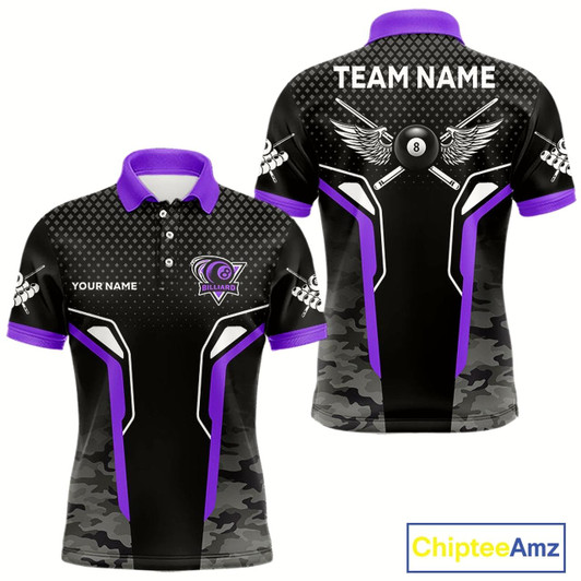 Goofygear Black And Purple 8 Ball Pool Wings Custom Camo Billiard Shirt For Men, 8 Ball Billiard Team Jersey Style 2