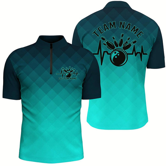 Goofygear Bowling Heartbeat Pulse Line Blue Argyle Custom Bowling Team Shirts For Men Style 1