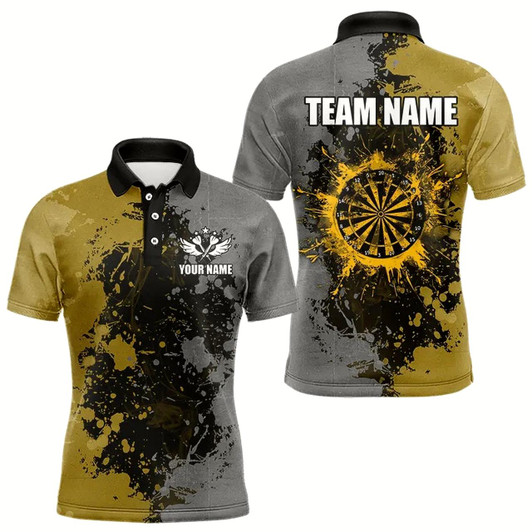Goofygear Personalized Darts Paint Yellow And Grey Dart Shirts For Men Custom Grunge Dart Team Jerseys
