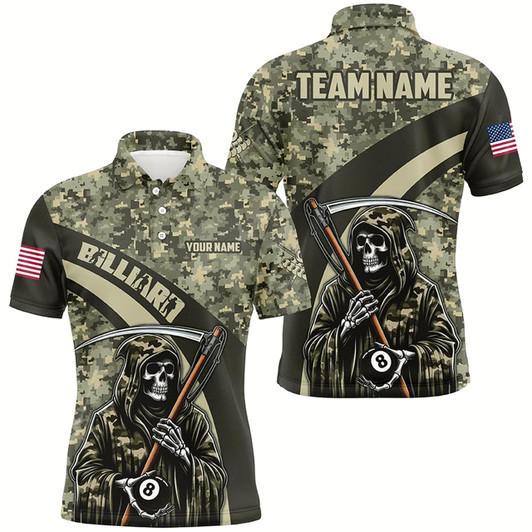 Goofygear Personalized Death Skeleton Green Camo Billiard Shirts For Men Custom Military Billiard Jerseys