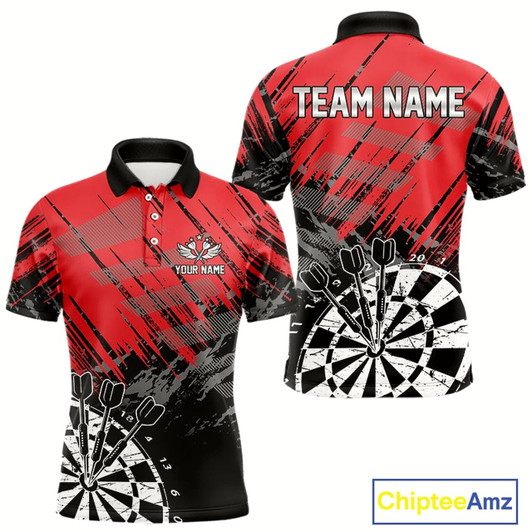 Goofygear Red Black Grunge Darts Shirts For Men Custom Dart Jersey With Pocket Option