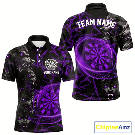 Goofygear Personalized Wolf Dart Shirts For Men Custom Lights Dartboard Darts Team Jerseys Purple
