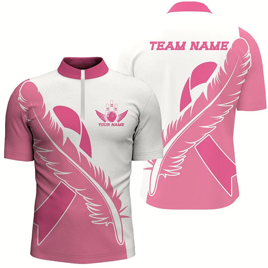 Goofygear Feather Pink Ribbon Breast Cancer Custom Bowling Shirts For Men , Pink Bowling Jerseys Style 1
