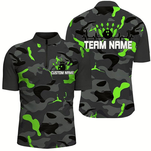Goofygear Green Camo Bowling Pulse Heartbeat Custom Team Shirts For Men , Camouflage Bowler Outfit