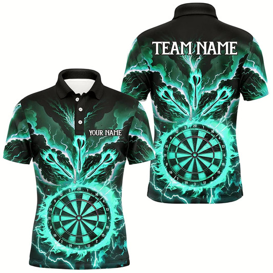 Goofygear Personalized Lightning Smoke Fire Flame Turquoise Darts Shirts For Men, Darts League Team Jerseys