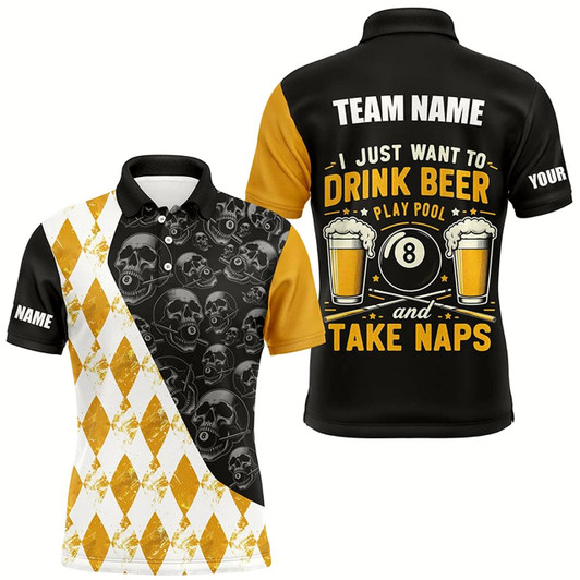 Goofygear I Just Want To Drink Beer Billiard Shirt For Men Custom Yellow Argyle Skull Pattern Billiard Jersey