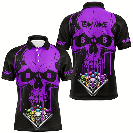Goofygear Personalized Skull Billiard Balls Funny Pool Shirts For Men, Unique Billiard Jersey Apparel Purple
