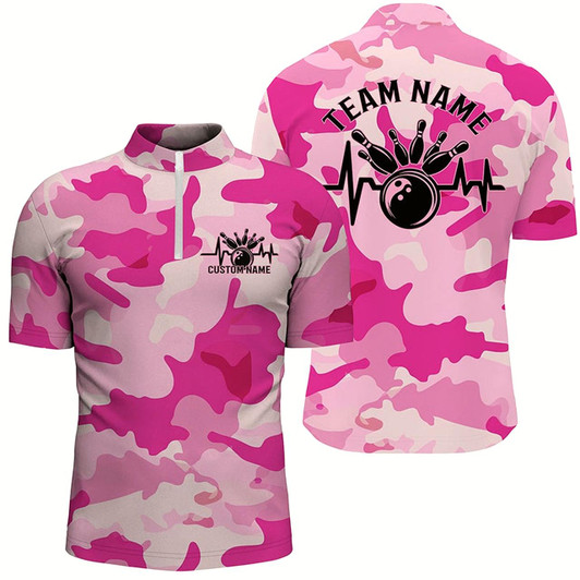 Goofygear Bowling Heartbeat Pulse Line Blue Pink Camo Custom Bowling Team Shirts For Men