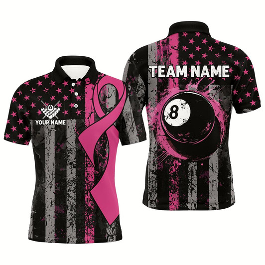 Goofygear Custom Pink Ribbon Grunge Us Flag Patriotic Billiard Shirts For Men, Breast Cancer Billiard Jerseys