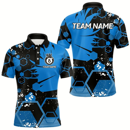 Goofygear Personalized Black Blue 8 Ball Crown Hexagon Billiard Shirts For Men, Pool Billiard Team Jerseys