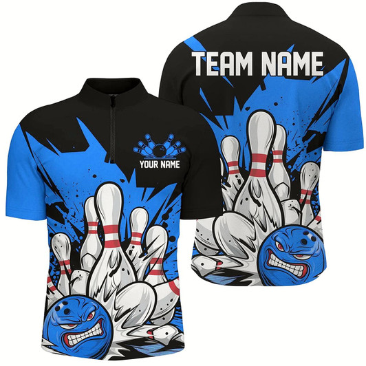 Goofygear Black And Blue Custom Funny Bowling Shirts For Men, Angry Bowling Ball Bowling Team Uniform