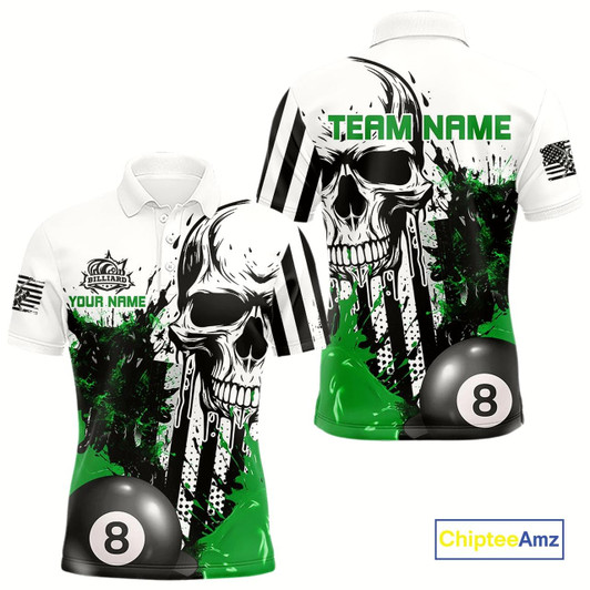 Goofygear Personalized Green Grunge Skull Billiards Shirts For Men Custom Retro Billiard Team Jerseys Attire