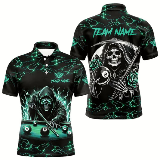 Goofygear Turquoise Funny Death Skeleton Roses 8 Ball Pool Men Billiard Shirts Custom Thunder Billiard Jersey