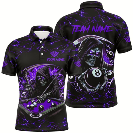 Goofygear Purple Funny Death Skeleton 8 Ball Pool Men Billiard Shirts Custom Name Lightning Billiard Jerseys