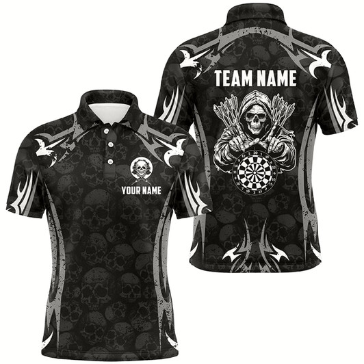 Goofygear Black Grey Death Skeleton Skull Pattern Custom Darts Shirts For Men, Scary Darts Team Jerseys