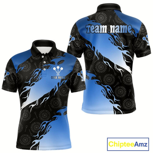 Goofygear Custom Men'S Darts Shirt With Cobalt Flames & Black Dartboard Pattern, Darts Jersey