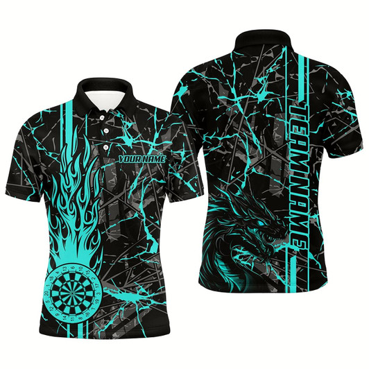 Goofygear Turquoise Grunge Dart Jerseys For Men, Fire Flame Dart Board Custom Name Dragon Darts League Shirts