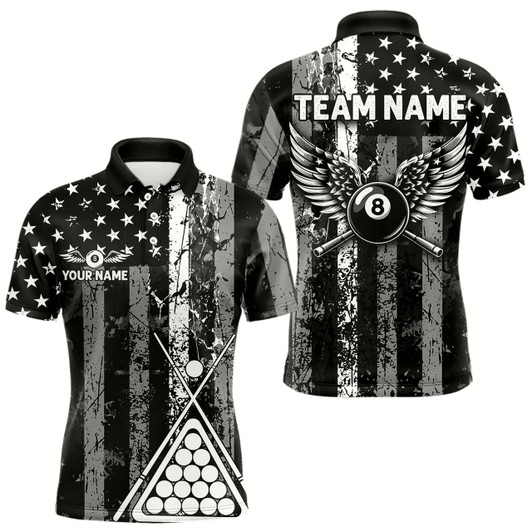 Goofygear Black White 8 Ball Wings Grunge Us Flag Patriotic Billiard Shirts For Men Custom Billiard Jerseys