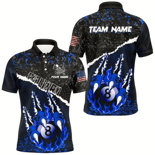 Goofygear Funny Monster Hand Custom Fire Flame 8 Ball Billiard Shirts For Men, Grunge Billiard Jerseys Blue