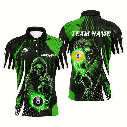 Goofygear Funny Green Death Skeleton 8 Ball & 9 Ball Billiard Shirts For Men Custom League Billiard Jerseys