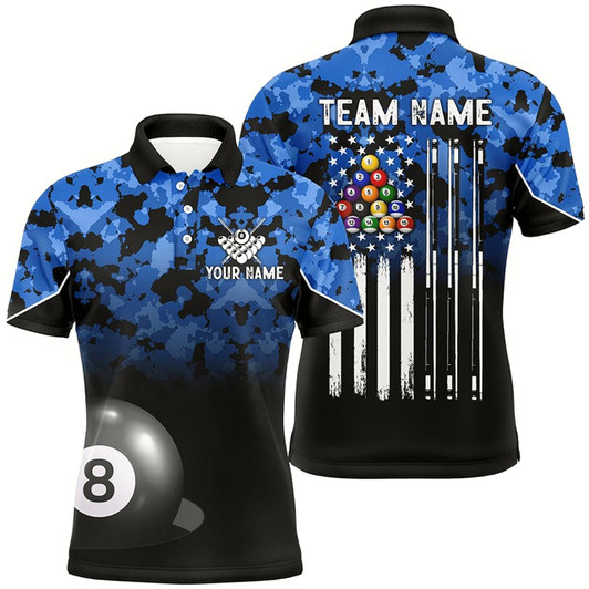 Goofygear 8 Ball Pool Blue Camo Custom Billiard Shirts For Men, Patriotic Us Flag Billiard Team Jerseys