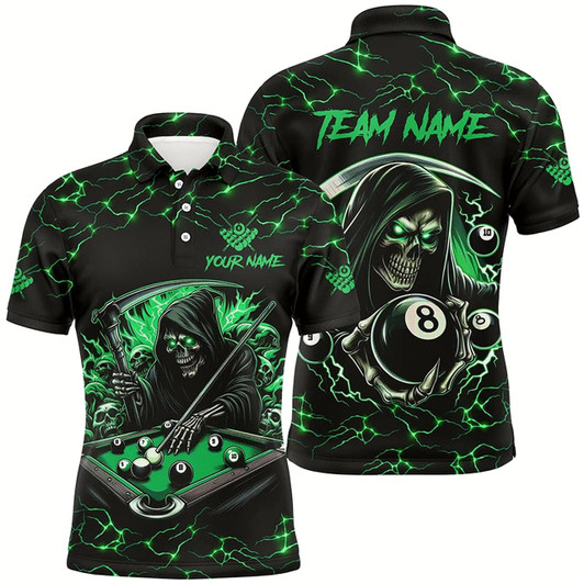 Goofygear Green Funny Death Skeleton 8 Ball Pool Men Billiard Shirts Custom Name Lightning Billiard Jerseys