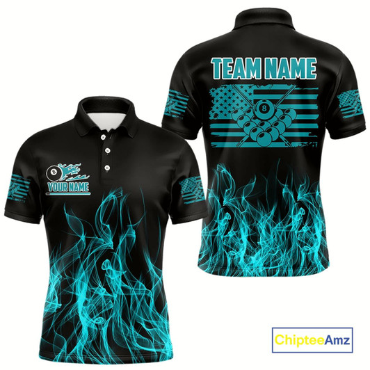 Goofygear Turquoise Flaming American Flag Men'S Billiard Shirt Custom Patriotic Pool Player Billiard Jersey Style 1