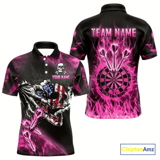 Goofygear Fire Flame Darts Board American Flag Skull Dart Shirts For Men Custom Darts Team Jerseys Pink Style 1