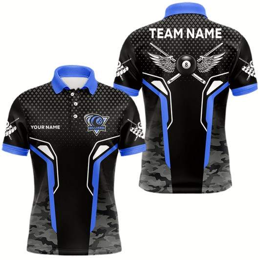 Goofygear Black And Blue 8 Ball Pool Wings Custom Camo Billiard Shirts For Men, 8 Ball Billiard Team Jerseys