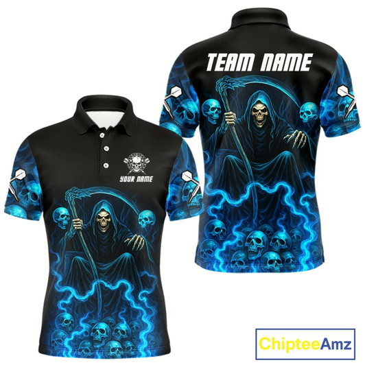 Goofygear Blue The Reaper Men'S Darts Shirt Flame Skulls Team Jersey - Custom Name For Players