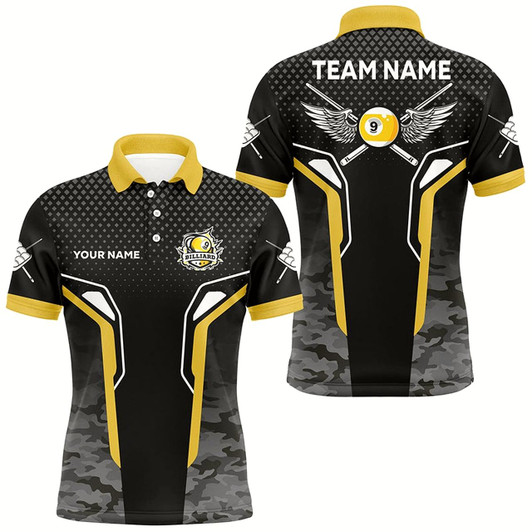 Goofygear Yellow Black 9 Ball Pool Wings Custom Camo Billiard Shirts For Men, 9 Ball Billiard Team Jerseys