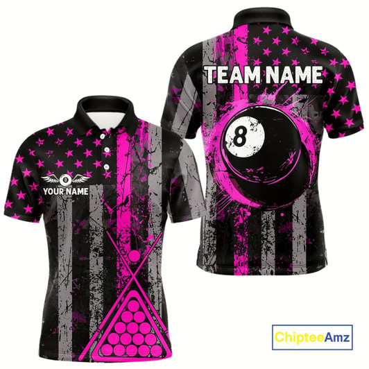 Goofygear Custom Pink Grunge Us Flag Patriotic Billiard Shirts For Men, Retro 8 Ball Pool Billiard Jersey Style 1