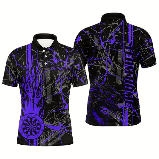 Goofygear Purple Grunge Dart Jerseys For Men, Fire Flame Dart Board Custom Name Dragon Darts League Shirts