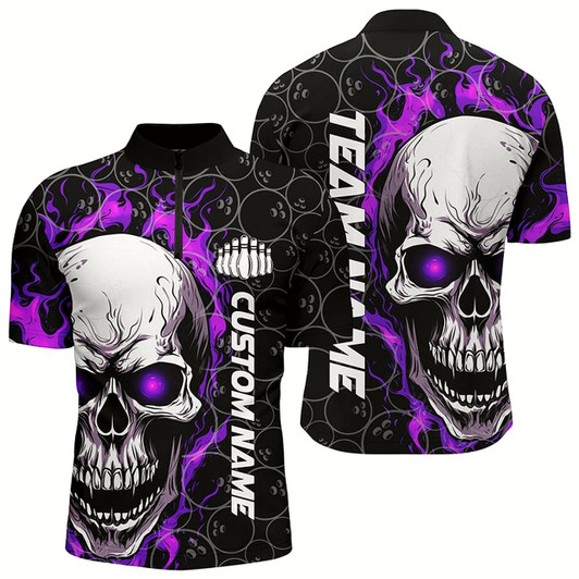 Goofygear Custom Flaming Skull Team Bowling Shirts For Men, Halloween Bowling Jerseys Purple Style 1