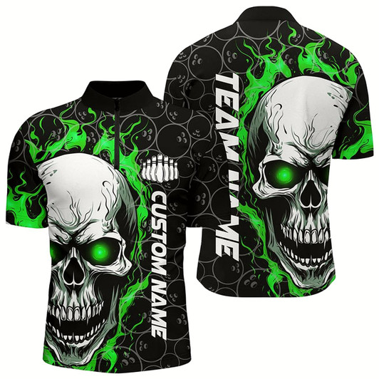 Goofygear Custom Flaming Skull Team Bowling Shirts For Men, Halloween Bowling Jerseys Green Style 2