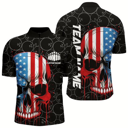 Goofygear Us Flag Skull Bowling Shirts For Men With Custom Name, Personalized Patriotic Bowling Jerseys