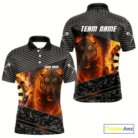 Goofygear Custom Men'S Darts Shirts With Fiery Tiger & Flaming Dartboard, Darts Jersey Style 2