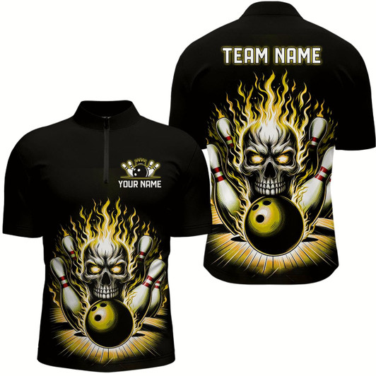Goofygear Personalized Unisex Skull Bowling Shirt Custom Team'S Name Flame Bowler Jerseys Yellow