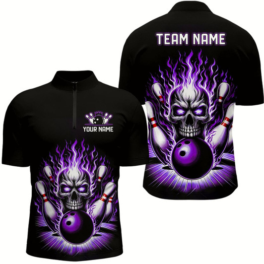 Goofygear Personalized Unisex Skull Bowling Shirt Custom Team'S Name Flame Bowler Jerseys Purple