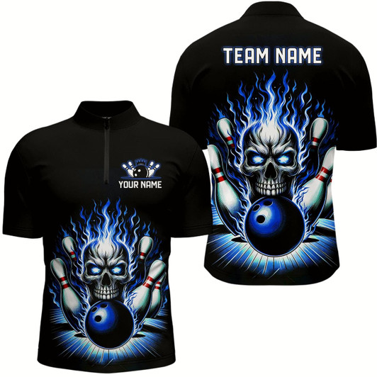 Goofygear Personalized Unisex Skull Bowling Shirt Custom Team'S Name Flame Bowler Jerseys Blue Style 1