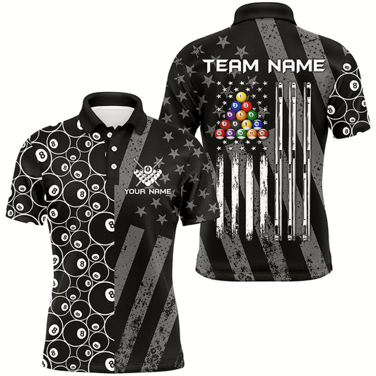 Goofygear Custom Black Retro Us Flag Billiard Polo Shirts For Men, Patriotic Pool Player Shirts
