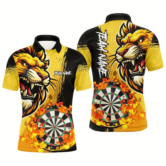 Goofygear Yellow Funny Darts Flame Lion Custom Polo , Personalized Men Dart Shirts Dart Jerseys